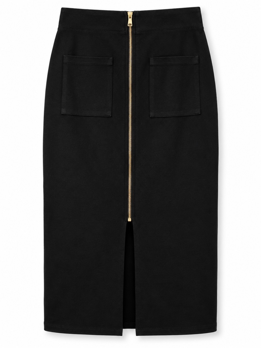 Messini Black Midi Pencil Skirt Gold Front Zip Pockets Stretch Size Large